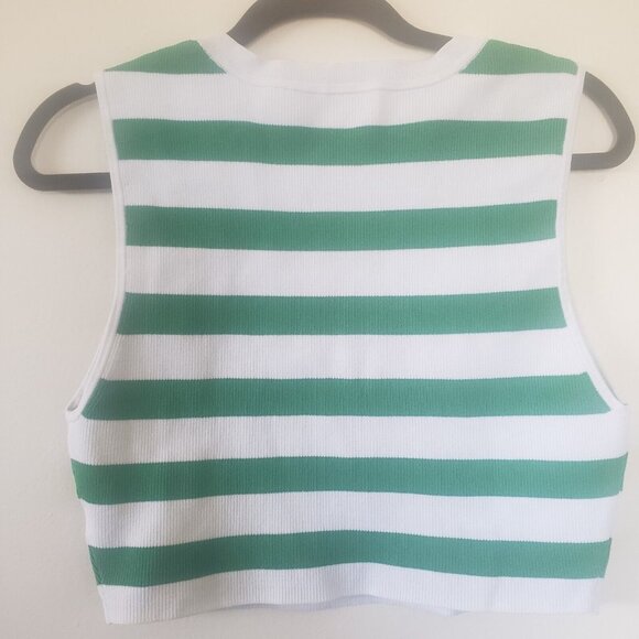 Aritzia Babaton Cropped Sweater Striped Sleeveless Ribbed XL Green White - Picture 3 of 5